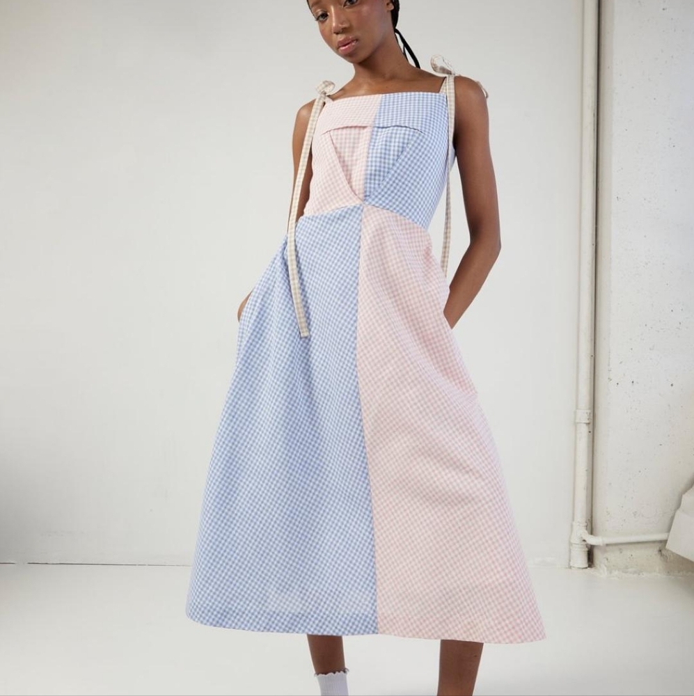 Gingham Panel Midi Dress in Blue and Pink
